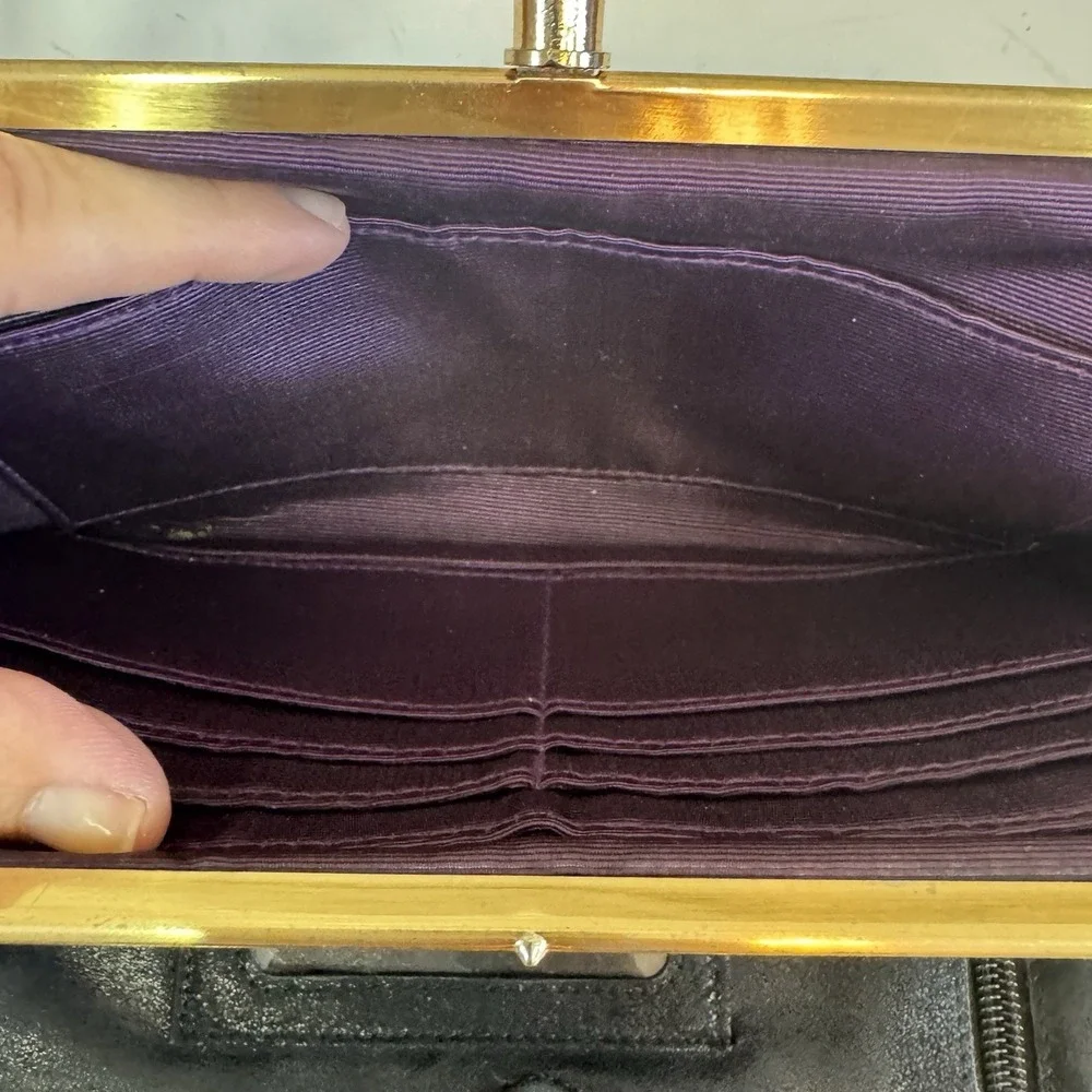 Hobo The Original Leather Lauren Double Frame Clutch Wallet Black Textured VTG